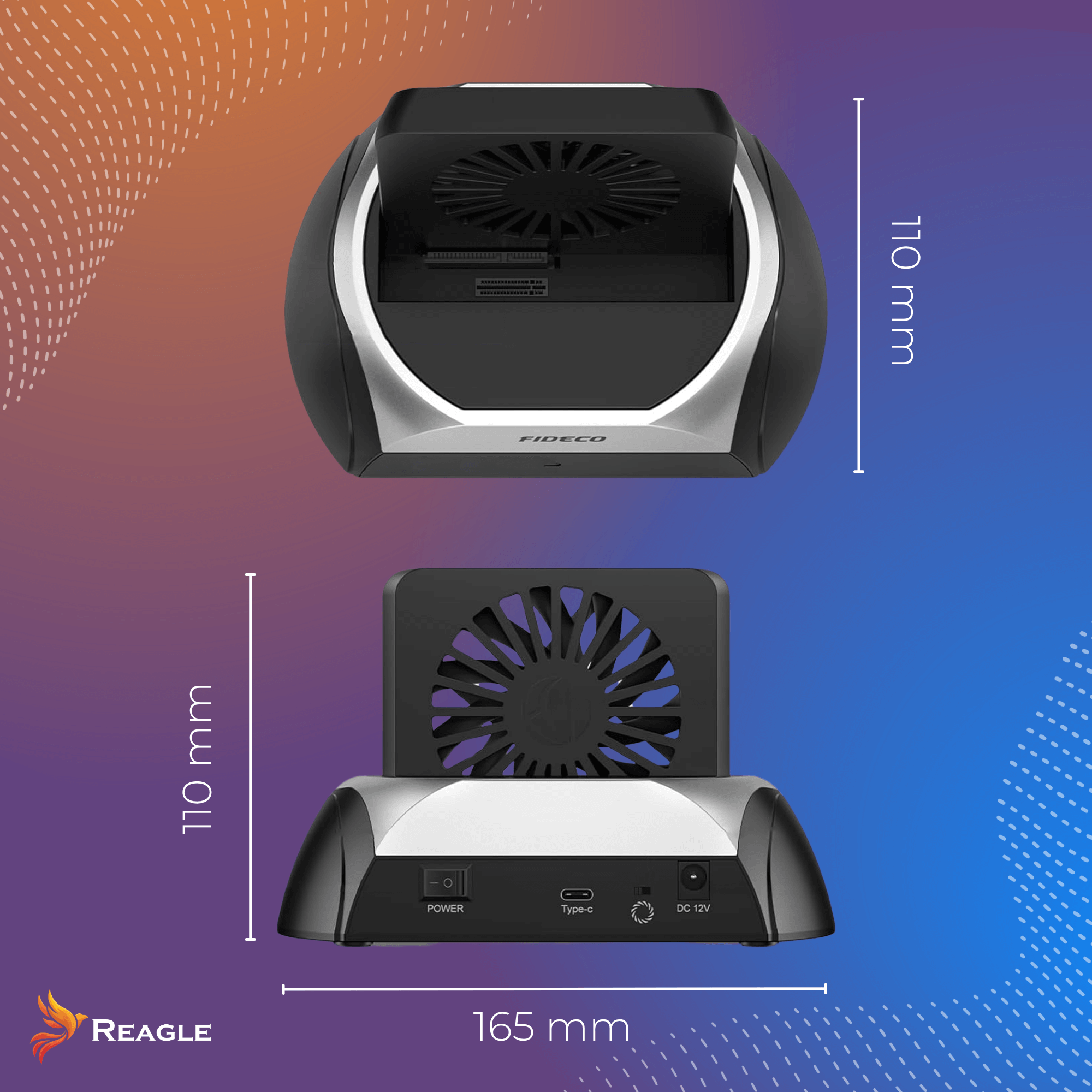 Czarne i srebrne urządzenie elektroniczne. Widok z góry i z przodu z wymiarami.