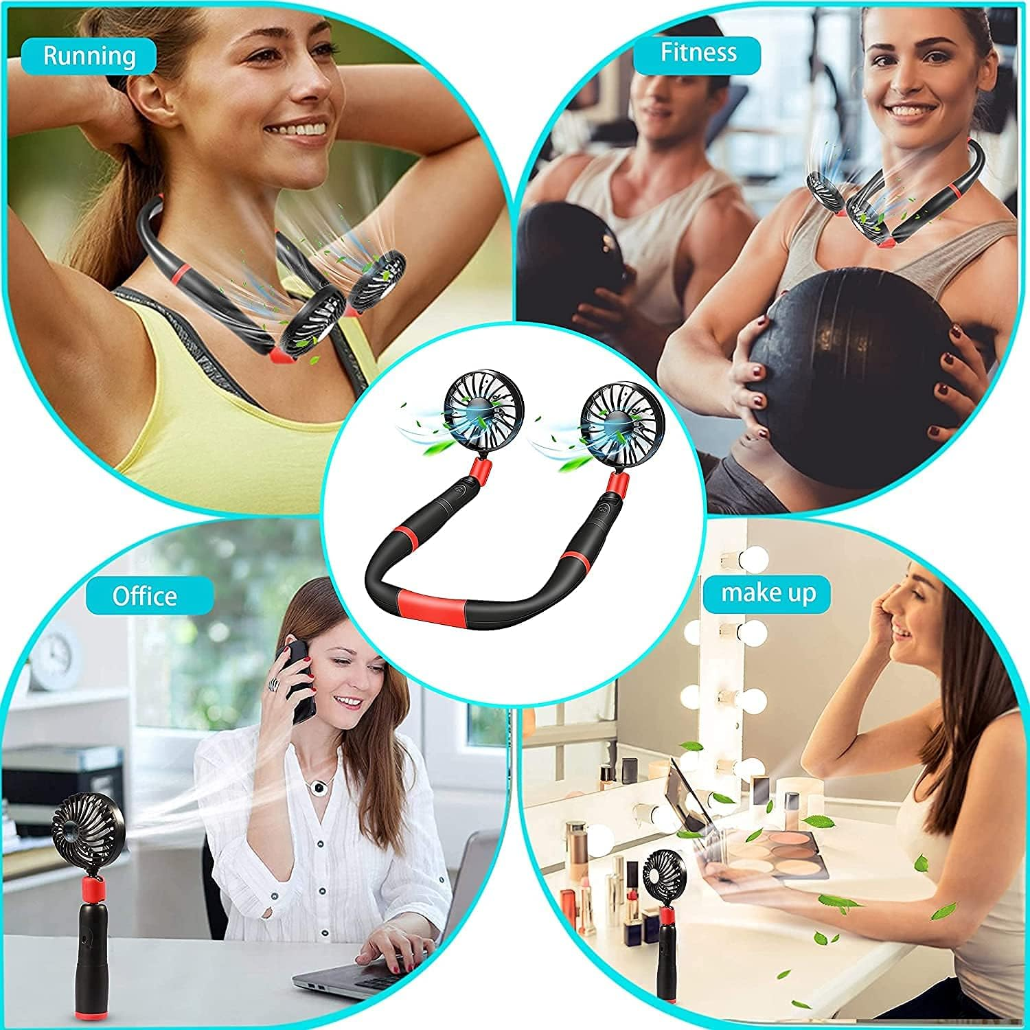 Ein Nackenventilator wird in verschiedenen Szenarien verwendet: Laufen, Fitness, Büroarbeit und Make-up. Menschen werden gezeigt.