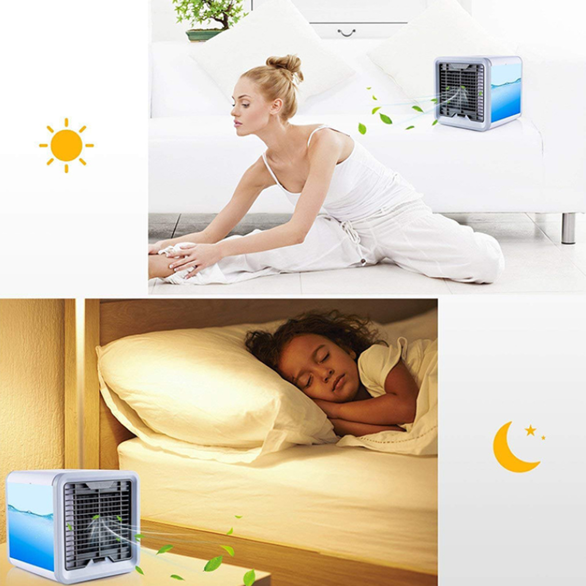 Eine Frau dehnt sich, ein Kind schläft und ein weißer Luftkühler in verschiedenen Umgebungen: Sonne, Mond und Bett.