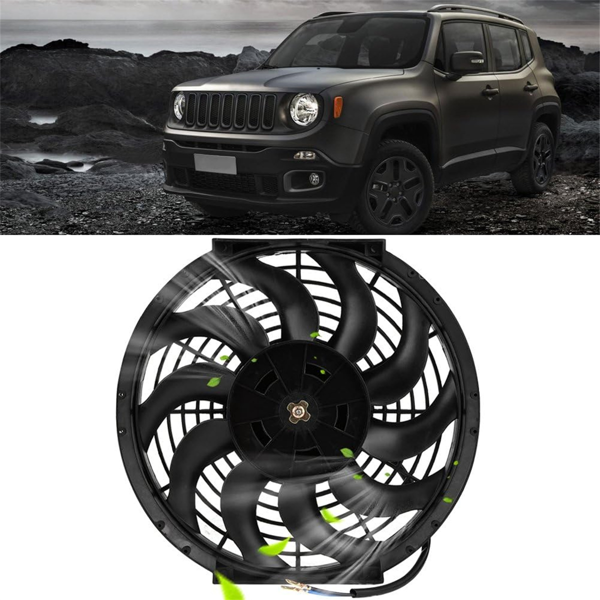 Ein schwarzer SUV und ein großer schwarzer Ventilator mit grünen Blättern sind der Fokus des Bildes.