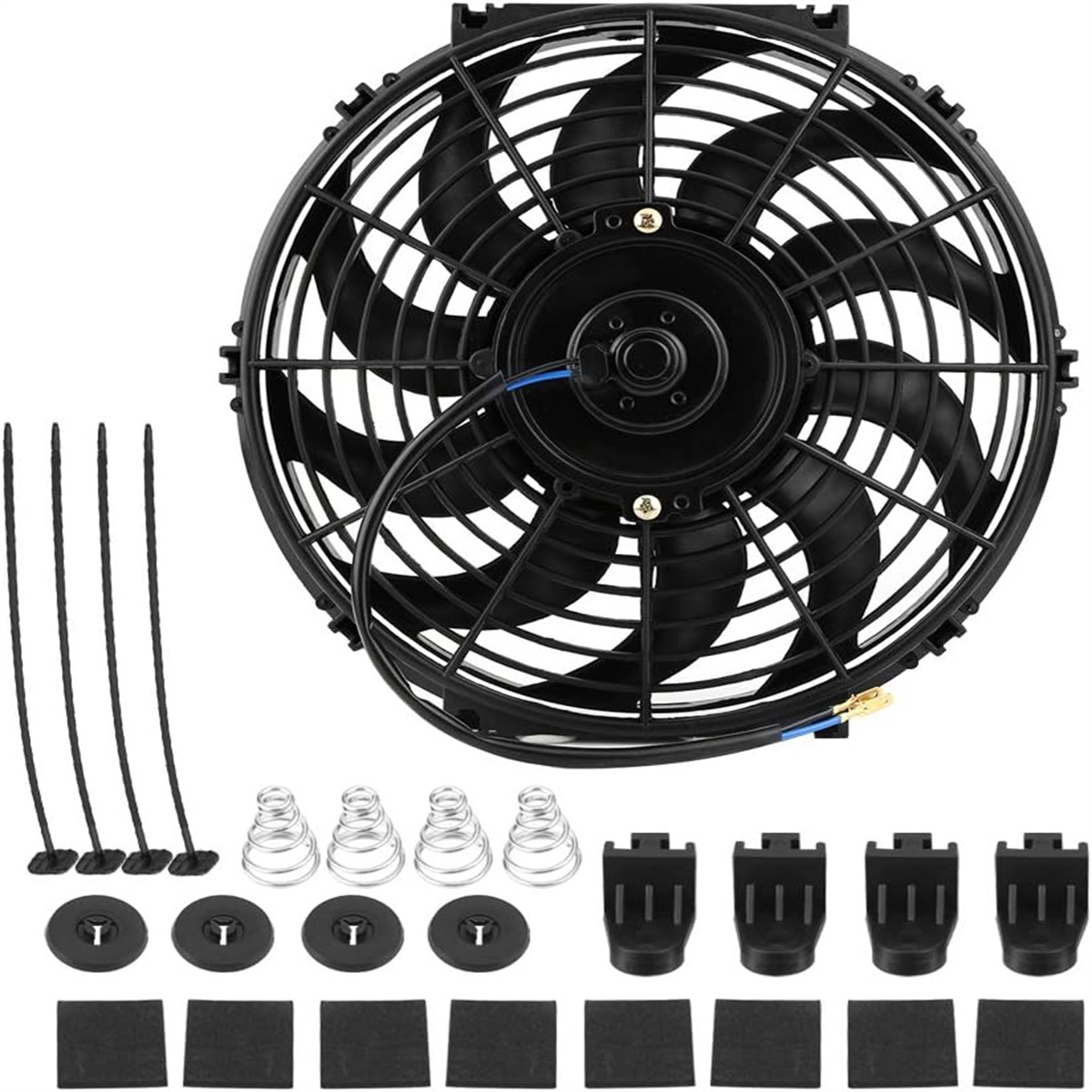 Ein großer schwarzer Ventilator mit gebogenen Blättern und verschiedenen Installationskomponenten.