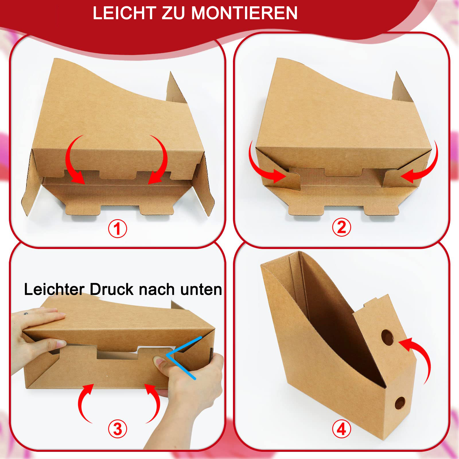 Vier Bilder zeigen die Montageschritte eines Papporganizers. Pfeile zeigen das Falten und Verriegeln.