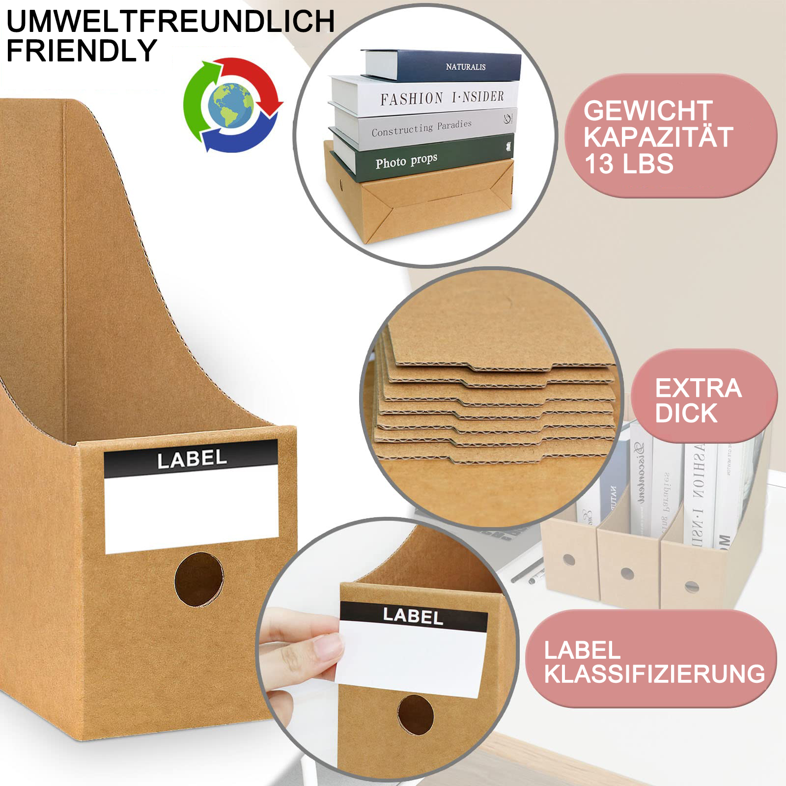 Brauner Karton-Zeitschriftenhalter mit Etiketten und Text. Text enthält 'UMWELTFREUNDLICH FRIENDLY'.