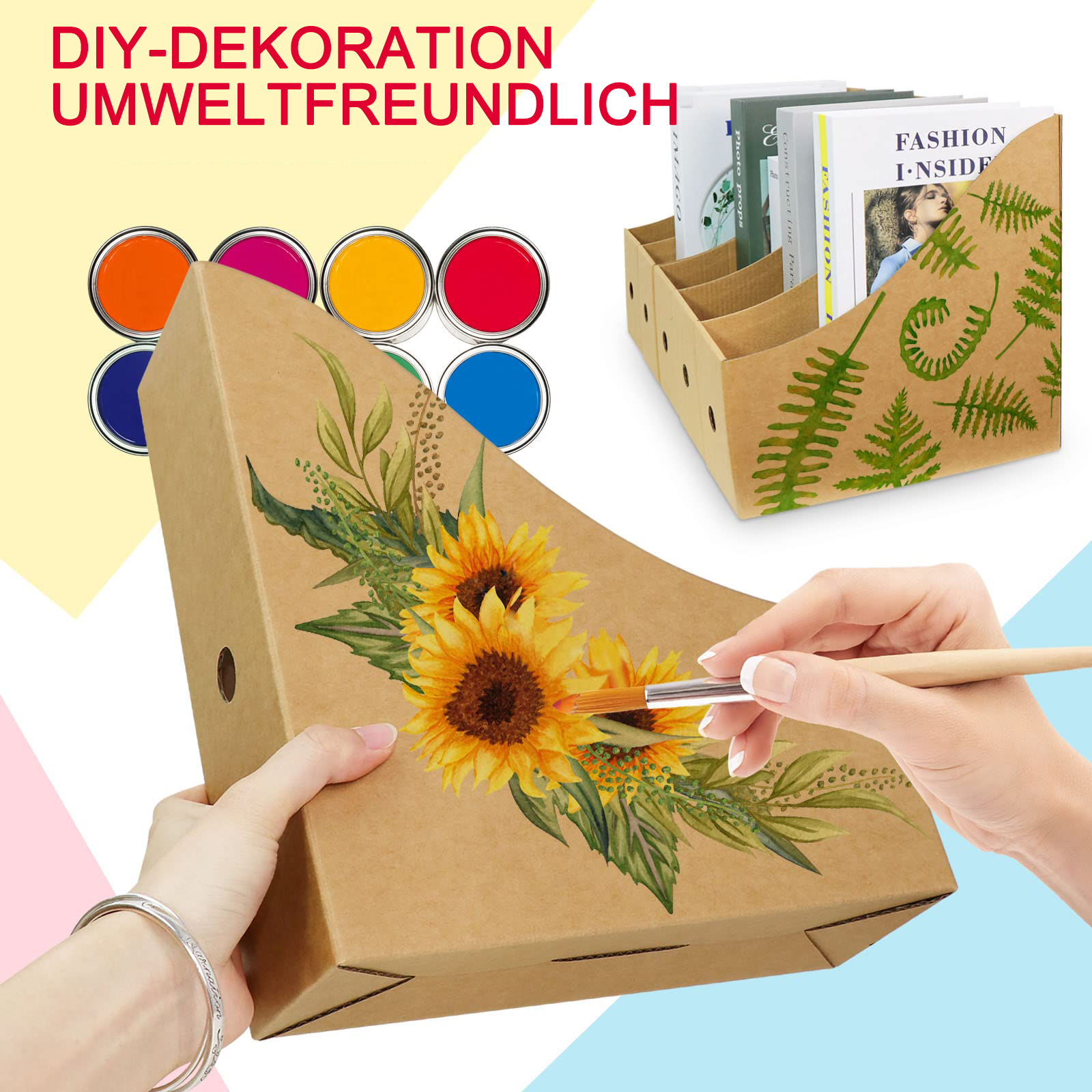 Eine Person bemalt Sonnenblumen auf einem Pappkarton. Farben und ein Zeitschriftenhalter sind ebenfalls vorhanden.