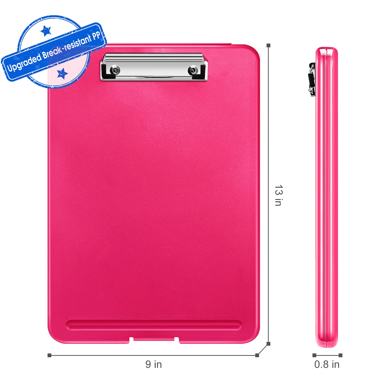 Pinkfarbenes Klemmbrett mit silbernem Clip und Text „Upgraded Break-resistant PP“. Misst 9x13 Zoll.