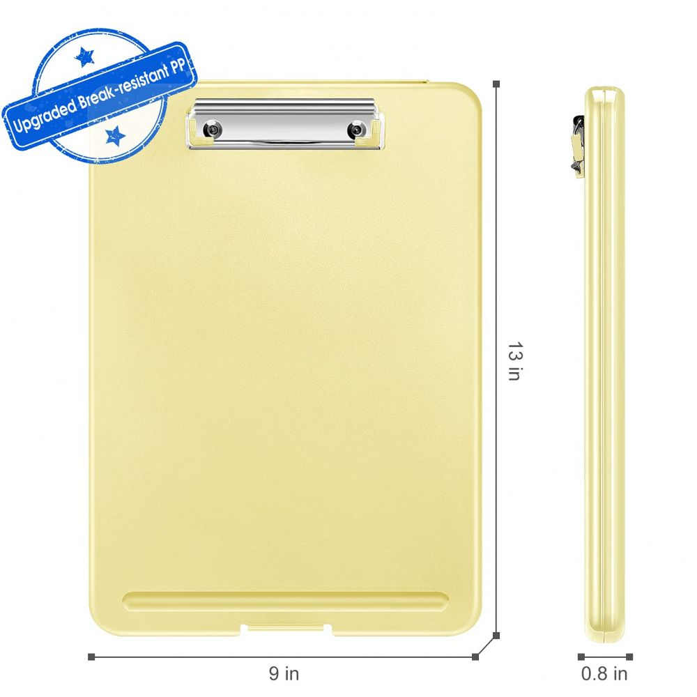 Ein gelbes Klemmbrett mit Abmessungen in Zoll. Text: 'Upgraded Break-resistant PP'.