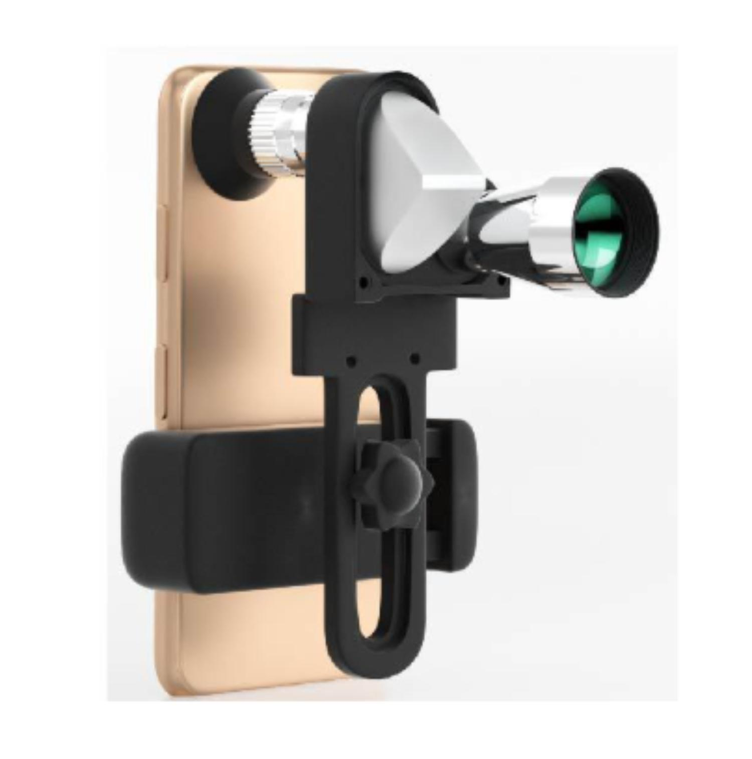 Ein Smartphone mit einem angebrachten Fernrohr. Das Fernrohr ist schwarz und silber. Es ist mit einer schwarzen Halterung befestigt.