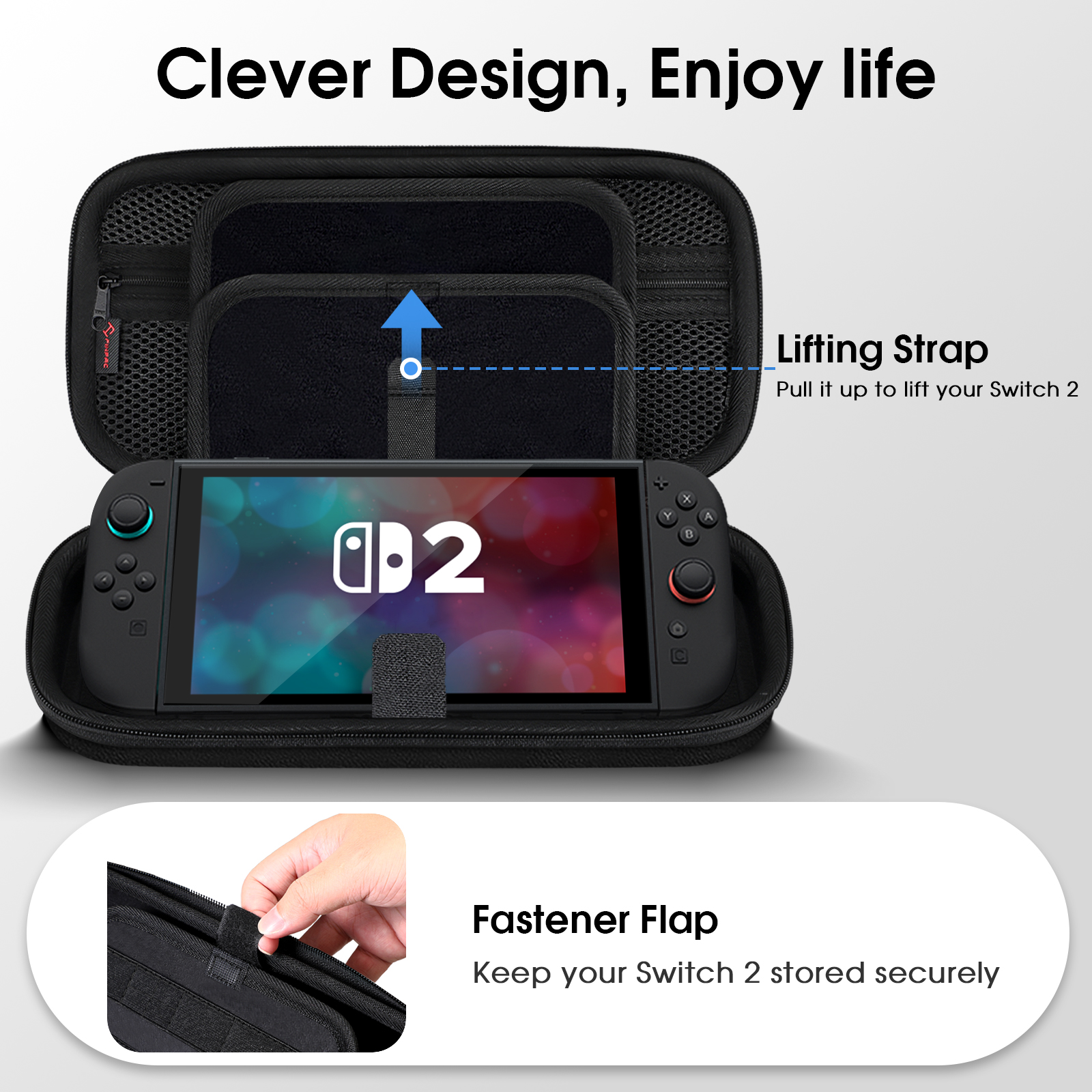 Geöffnete schwarze Switch 2-Hülle, die Konsole und Zubehör zeigt, mit Hebegurt und Verschlussklappe.