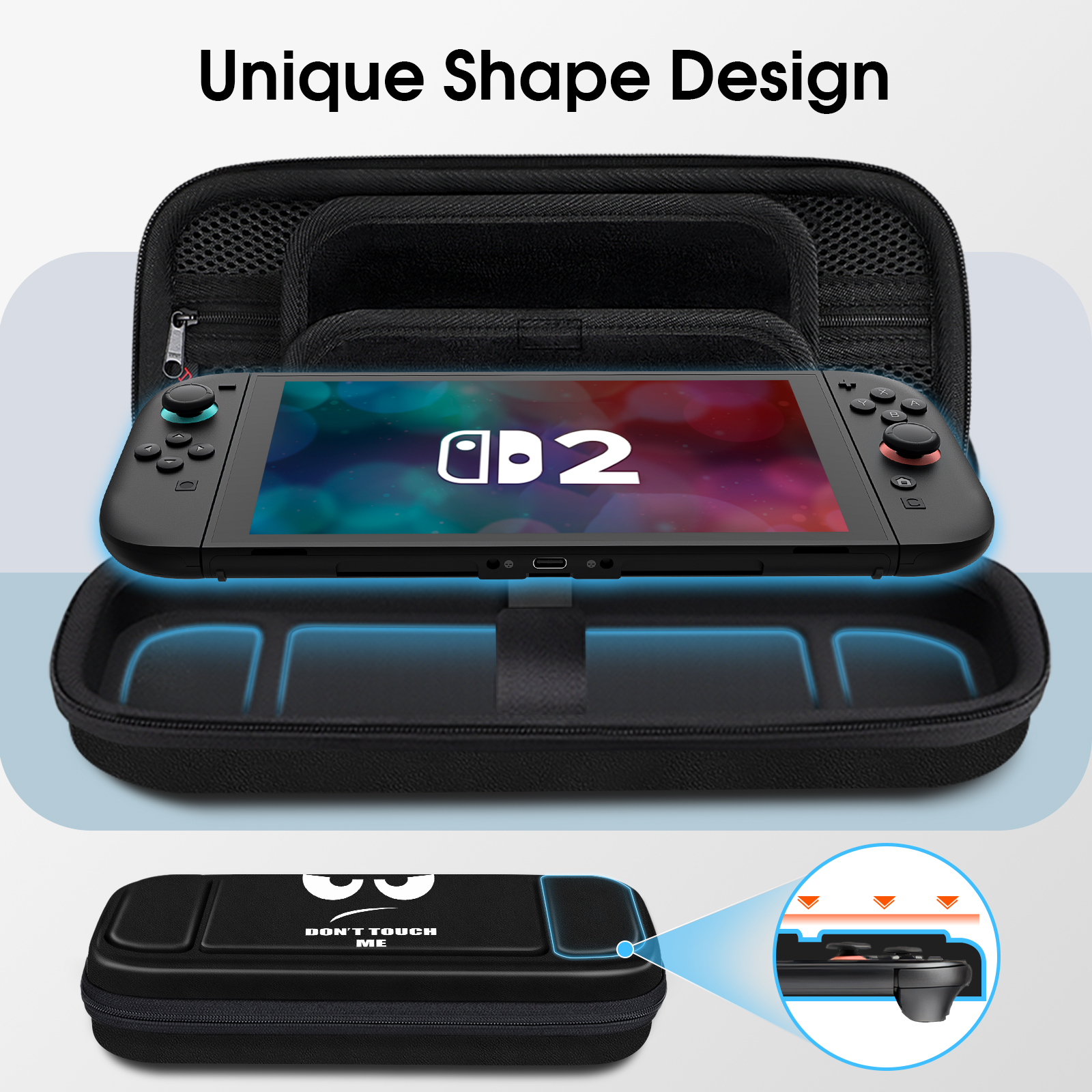 Schwarze Hülle hält eine Switch. Im Inneren ist eine Switch 2 sichtbar. Die Hülle hat ein einzigartiges Design.