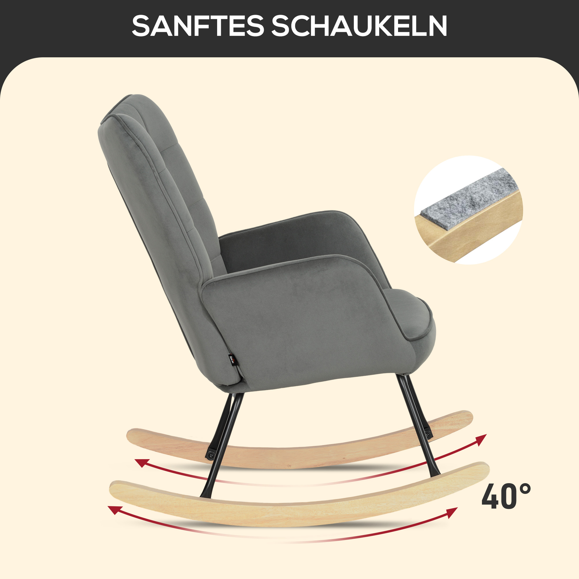 Grauer Schaukelstuhl mit Holzwippen auf weißem Hintergrund, schräge Ansicht.