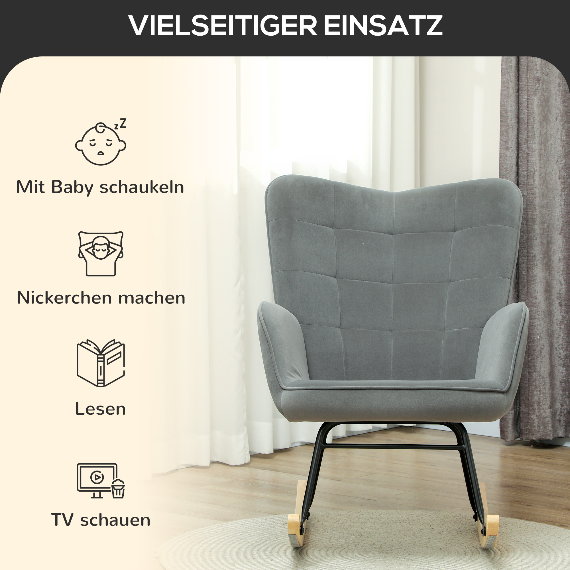 Grauer Schaukelstuhl mit verschiedenen Anwendungen: Baby, Nickerchen, Lesen, Fernsehen, auf einem runden Teppich.