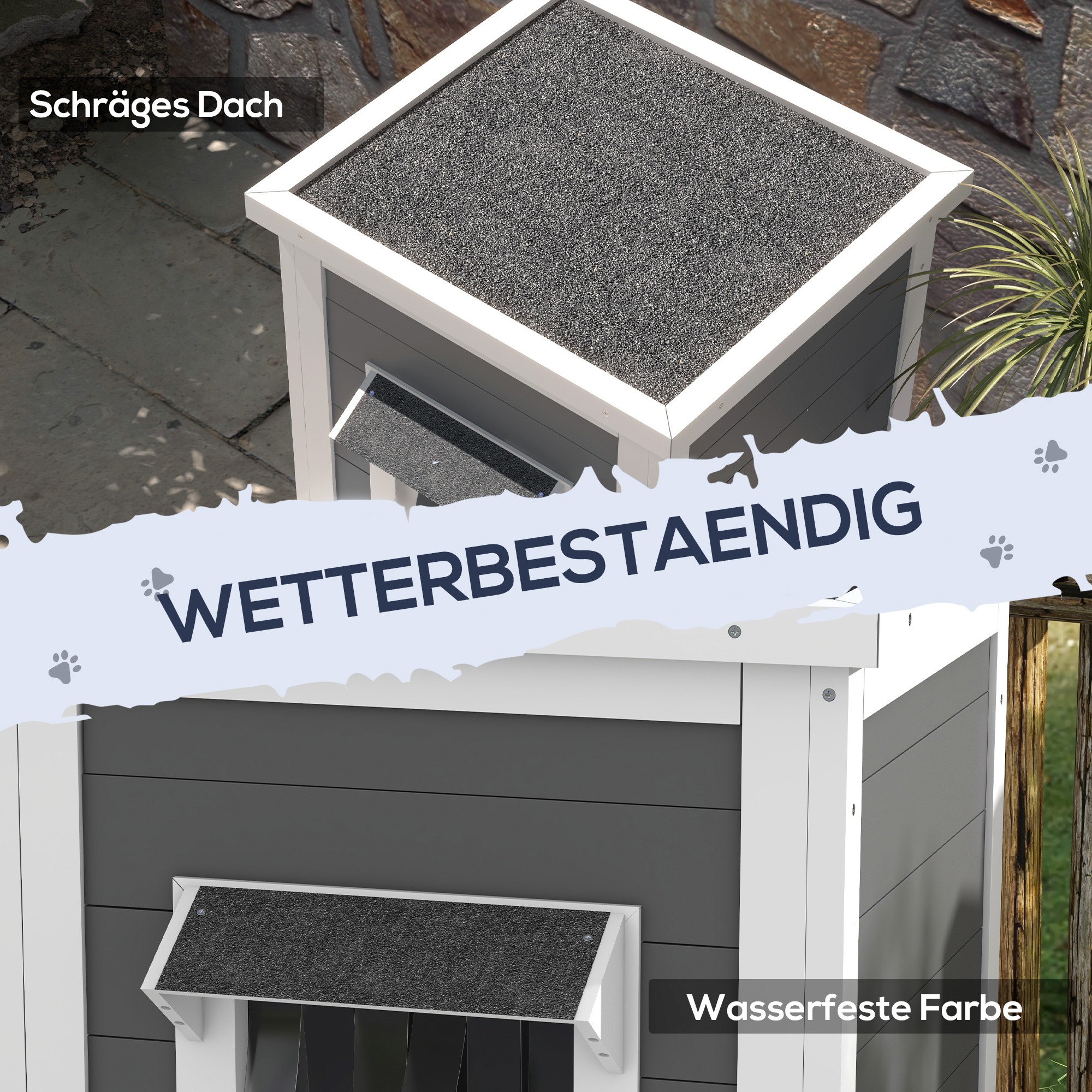 Ein grau-weißes Hundehäuschen mit schrägem Dach. Der Hintergrund zeigt eine Steinmauer und eine Pflanze.