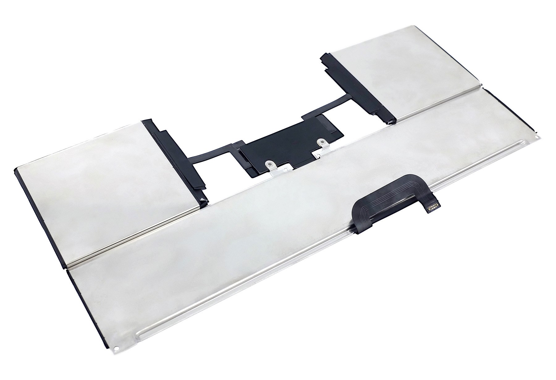 Laptop-Akku mit silbernen Metallplatten und schwarzen Verbindungskabeln.
