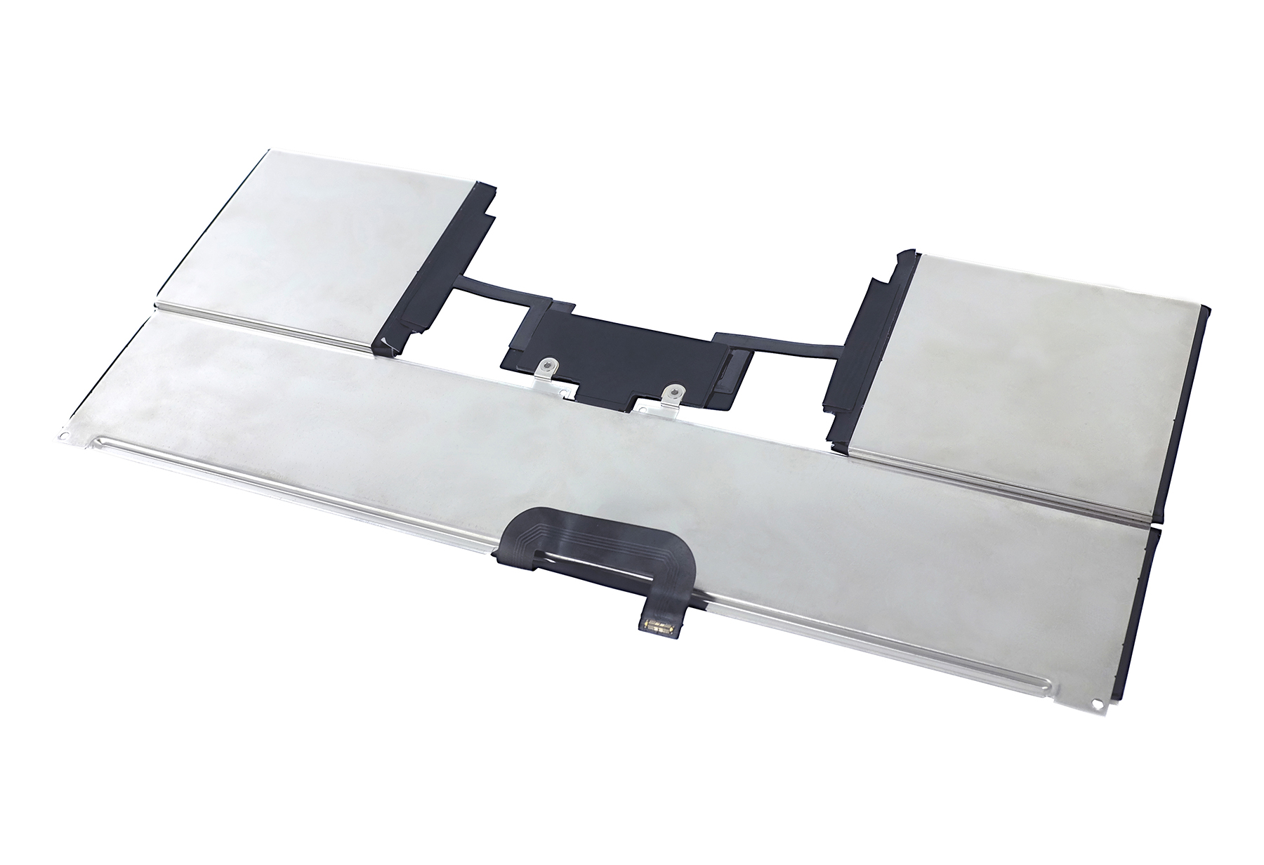 Laptop-Akku mit silbernen Metallplatten und schwarzen Verbindungskabeln.