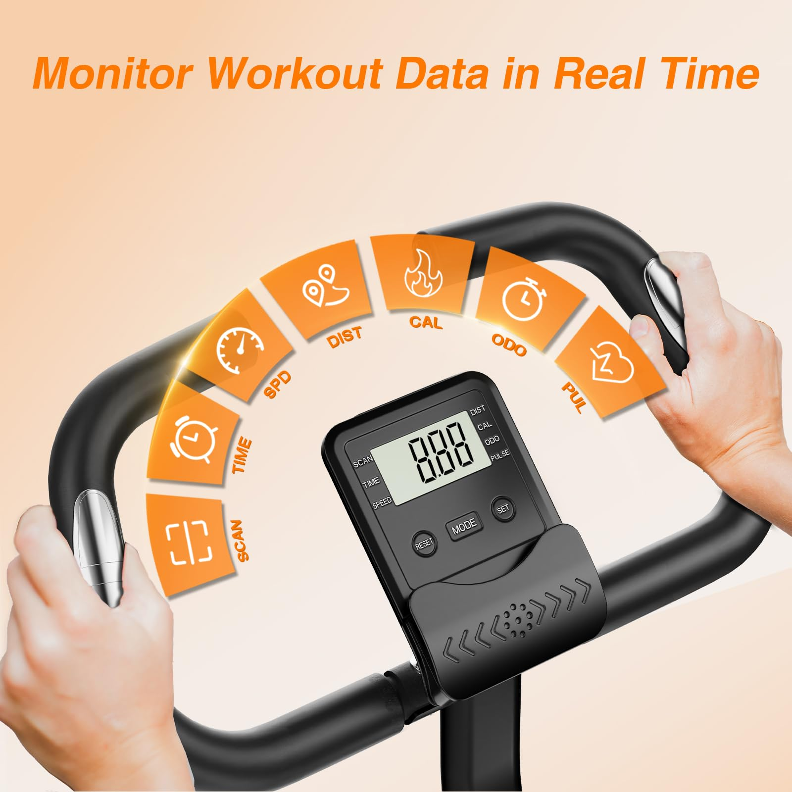 Dłonie korzystające z roweru stacjonarnego, z wyświetlaczem pokazującym metryki treningowe.