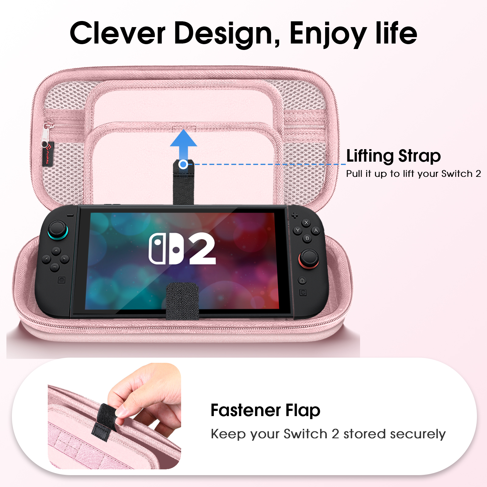 Geöffnete rosa Switch-Hülle, die Switch 2, einen Hebegurt und eine Verschlussklappe zeigt.