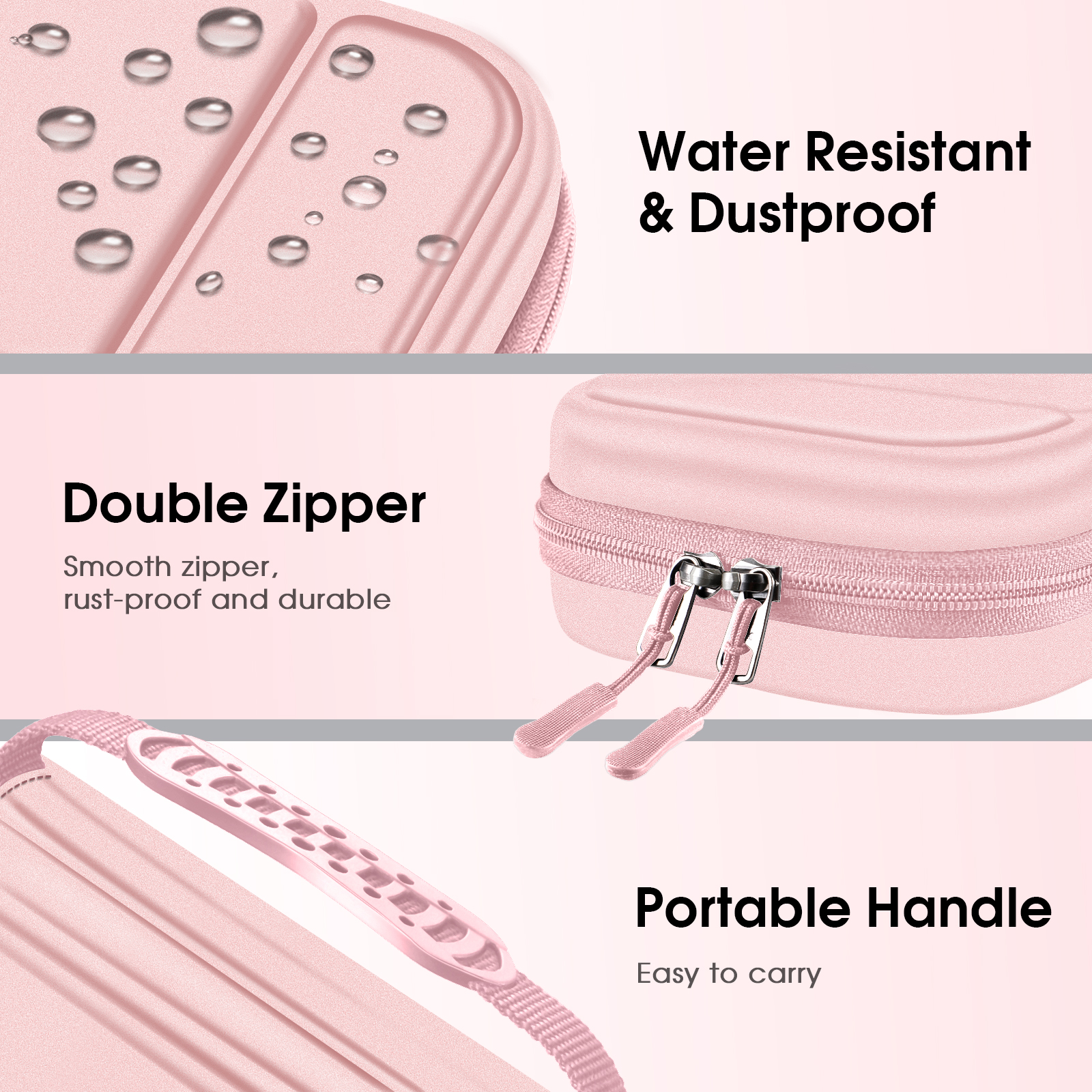 Rosa Switch-Hülle mit Wassertröpfchen, Doppelreißverschluss und einem tragbaren Griff.