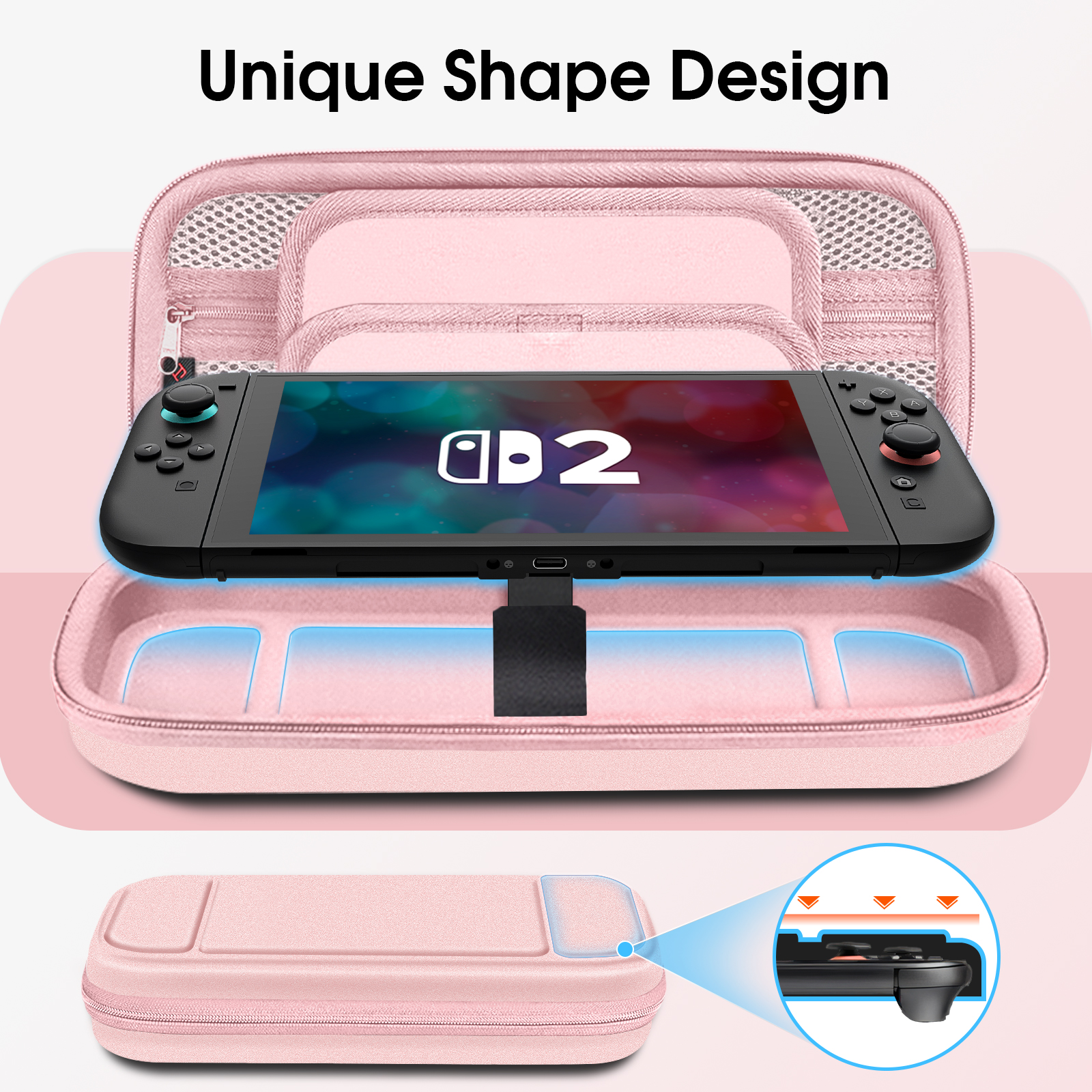 Rosa Switch-Hülle mit Switch 2 im Inneren, die Form und das Design der Konsole hervorhebt.