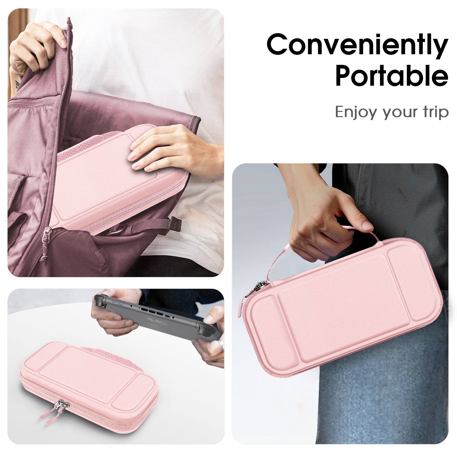 Rosa Switch-Hülle in verschiedenen Szenarien gezeigt: in einer Tasche, in Händen und auf einer Oberfläche.
