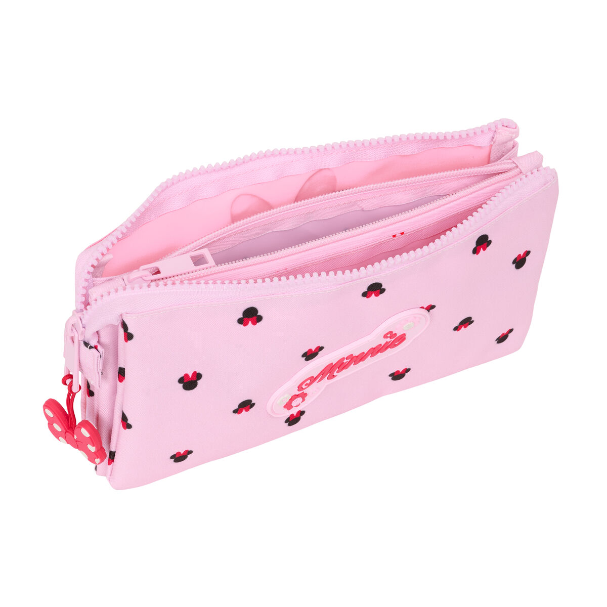 Ein rosa Federmäppchen mit Minnie Maus Mustern, mit mehreren Fächern.