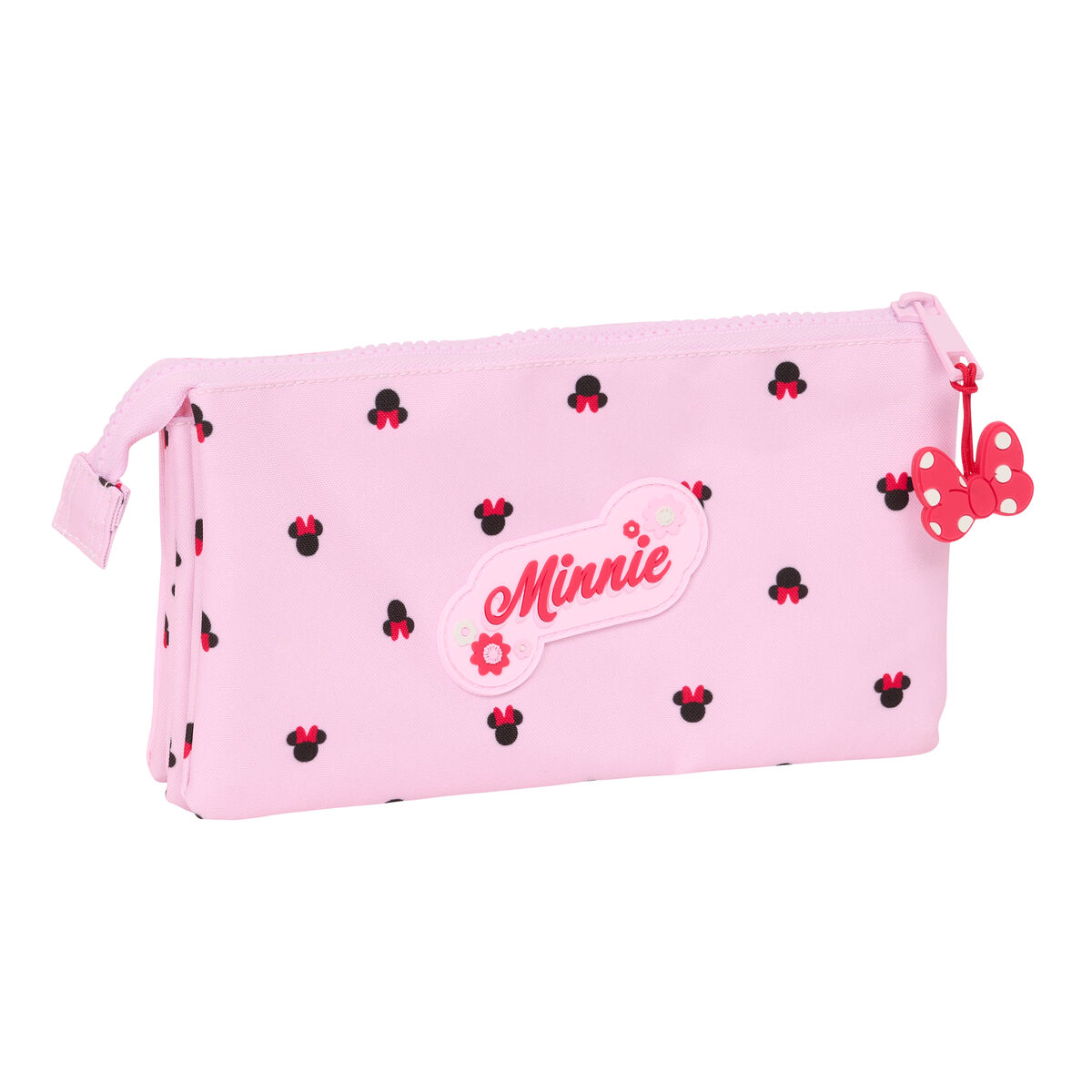 Rosa Federmäppchen mit Minnie Mouse Mustern, mit mehreren Fächern und Schleifenreißverschluss.