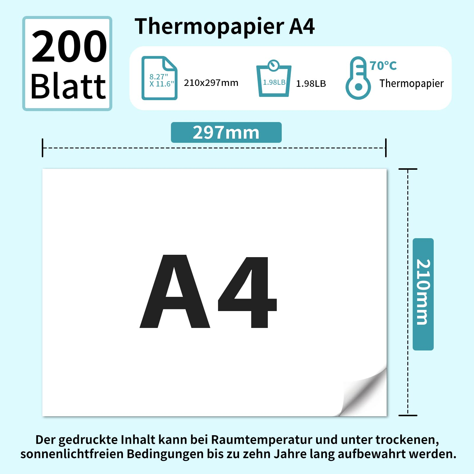 A4-Papier mit Abmessungen und Text, mit einer gekräuselten Ecke.