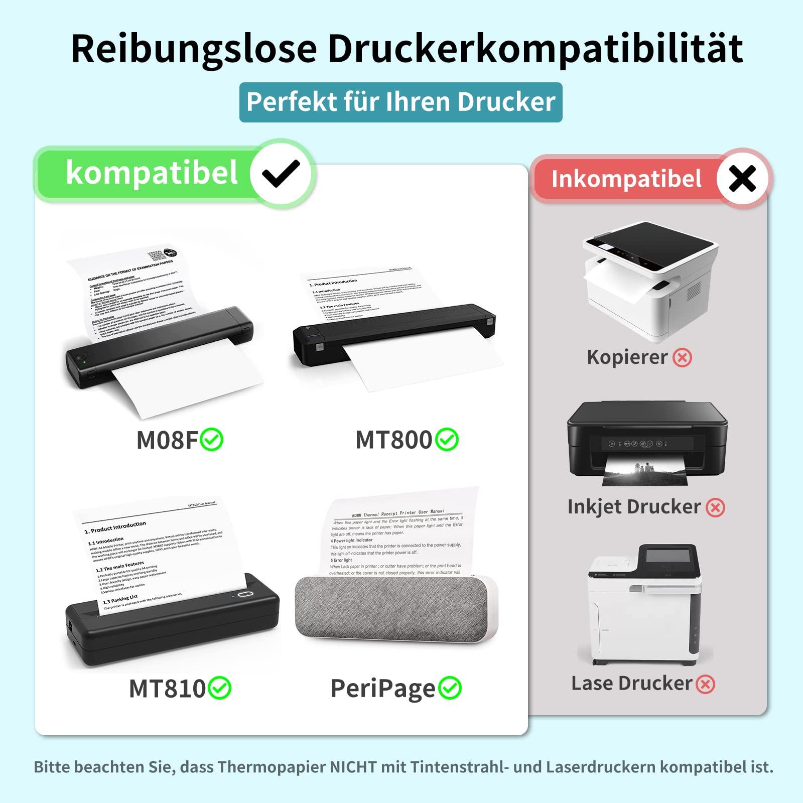 Vergleich von Druckern, die kompatible und inkompatible Modelle mit Thermopapier zeigen.