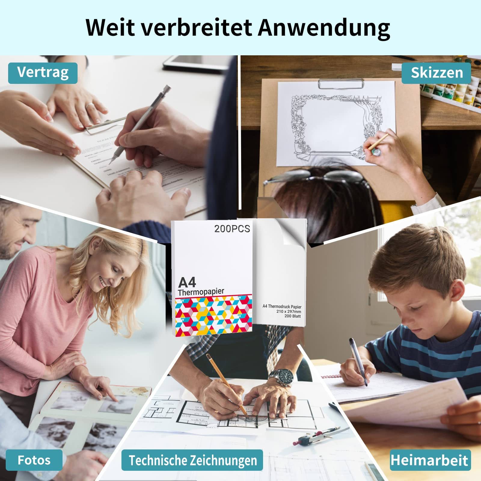 Verschiedene Anwendungen von Thermopapier, einschließlich Verträgen, Skizzen und Heimarbeit.
