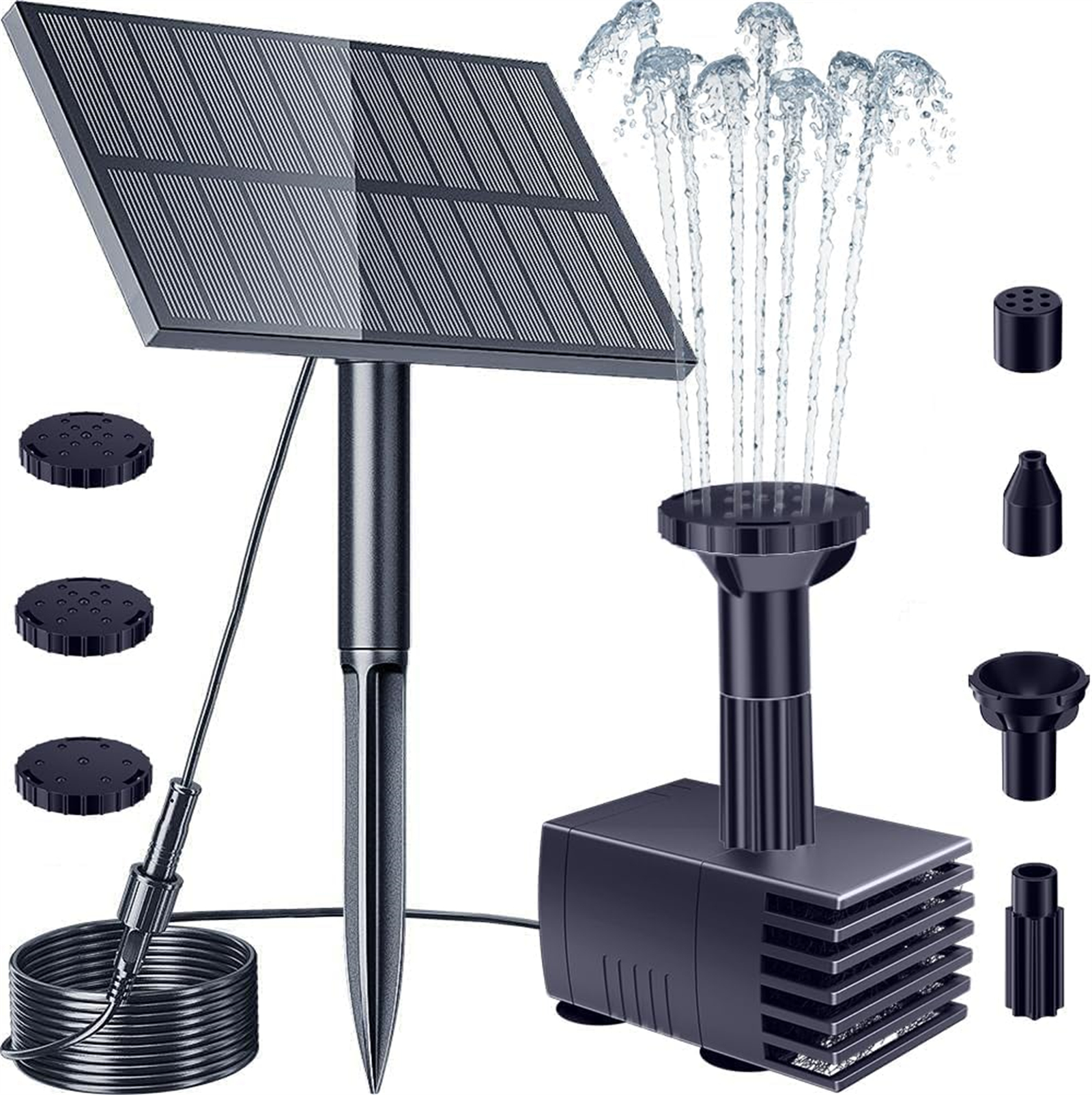 Eine solarbetriebene Brunneneinrichtung, einschließlich eines Solarmoduls, einer Wasserpumpe und verschiedener Düsenaufsätze.