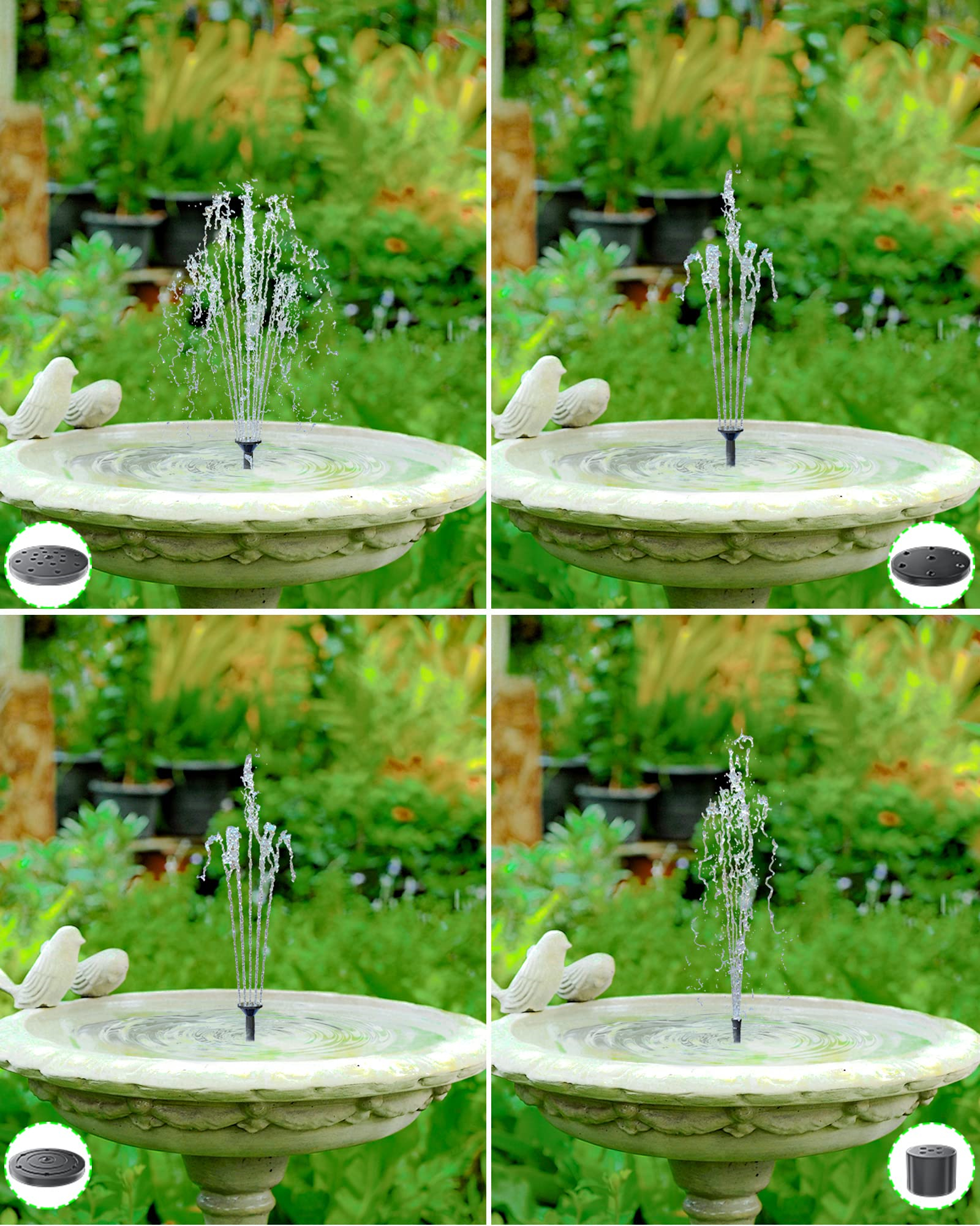 Vier Bilder eines Vogelbadbrunnens mit Wasserausläufen in verschiedenen Höhen. Auf dem Becken befinden sich kleine Vogelstatuen.