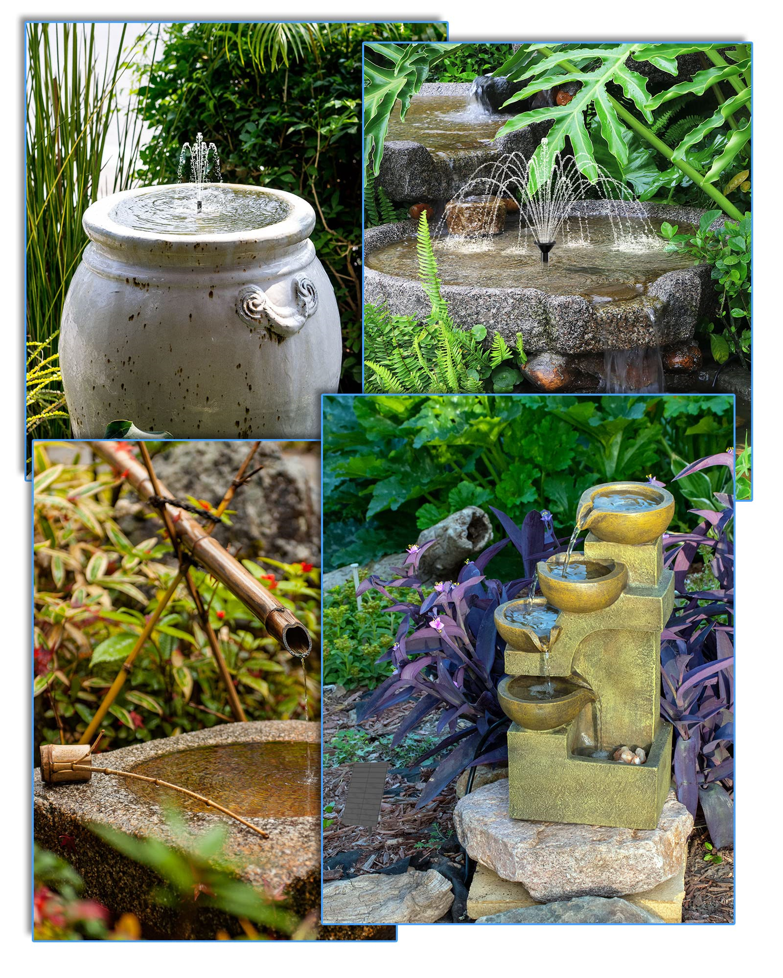 Eine Collage von vier Springbrunnen: ein weißer Keramiktopf, ein Steinaufbau, ein mehrstufiger Brunnen und eine Bambuswasserfunktion.