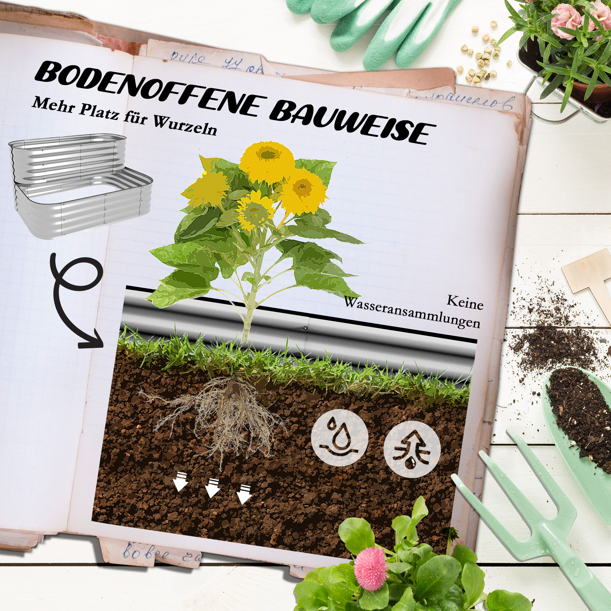Diagramm eines Gartenbeets mit Sonnenblumen. Zeigt Wurzelsysteme, Boden und Wasserfluss.