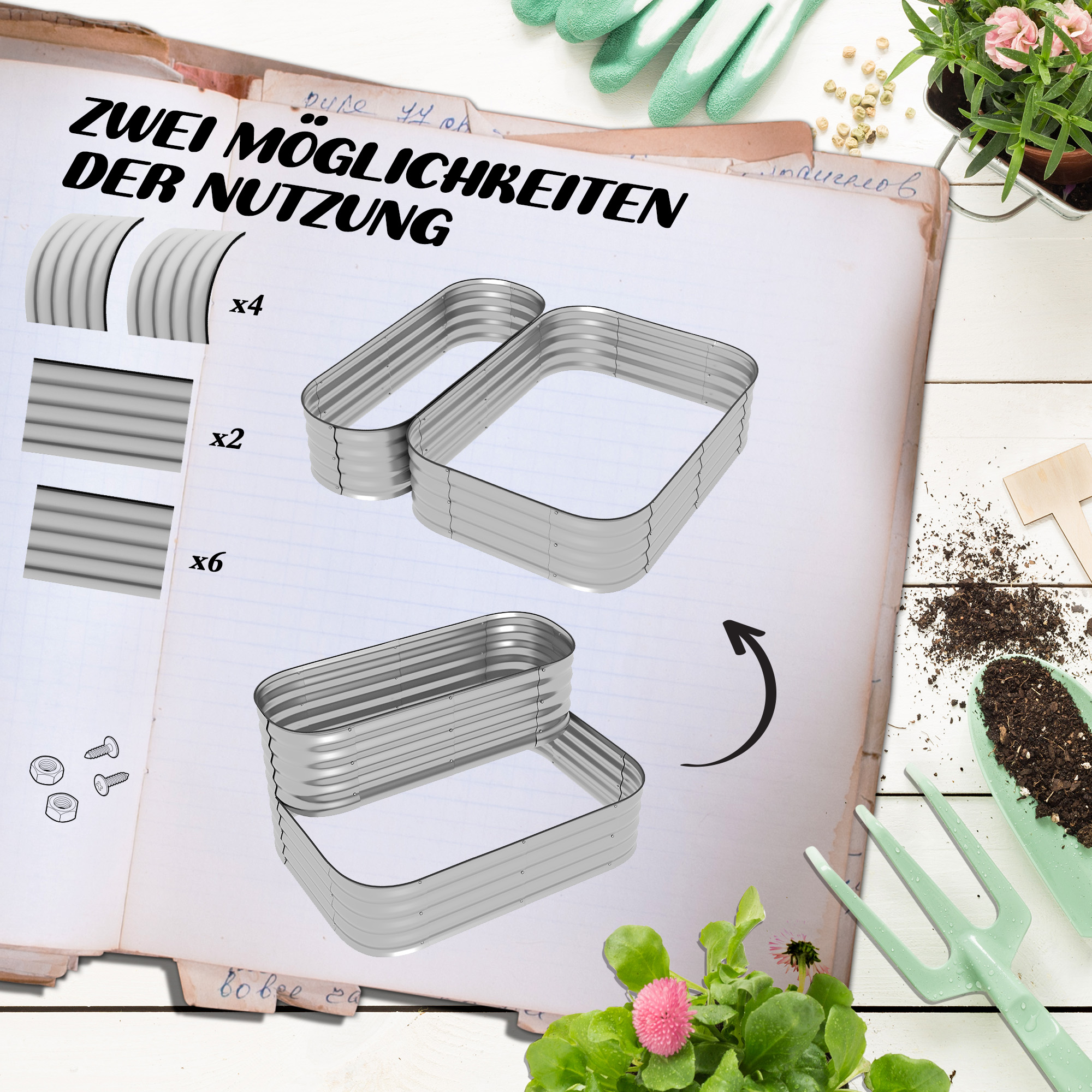 Diagramm, das zwei Möglichkeiten zum Bau eines Gartenbeets mit Metallplatten zeigt.