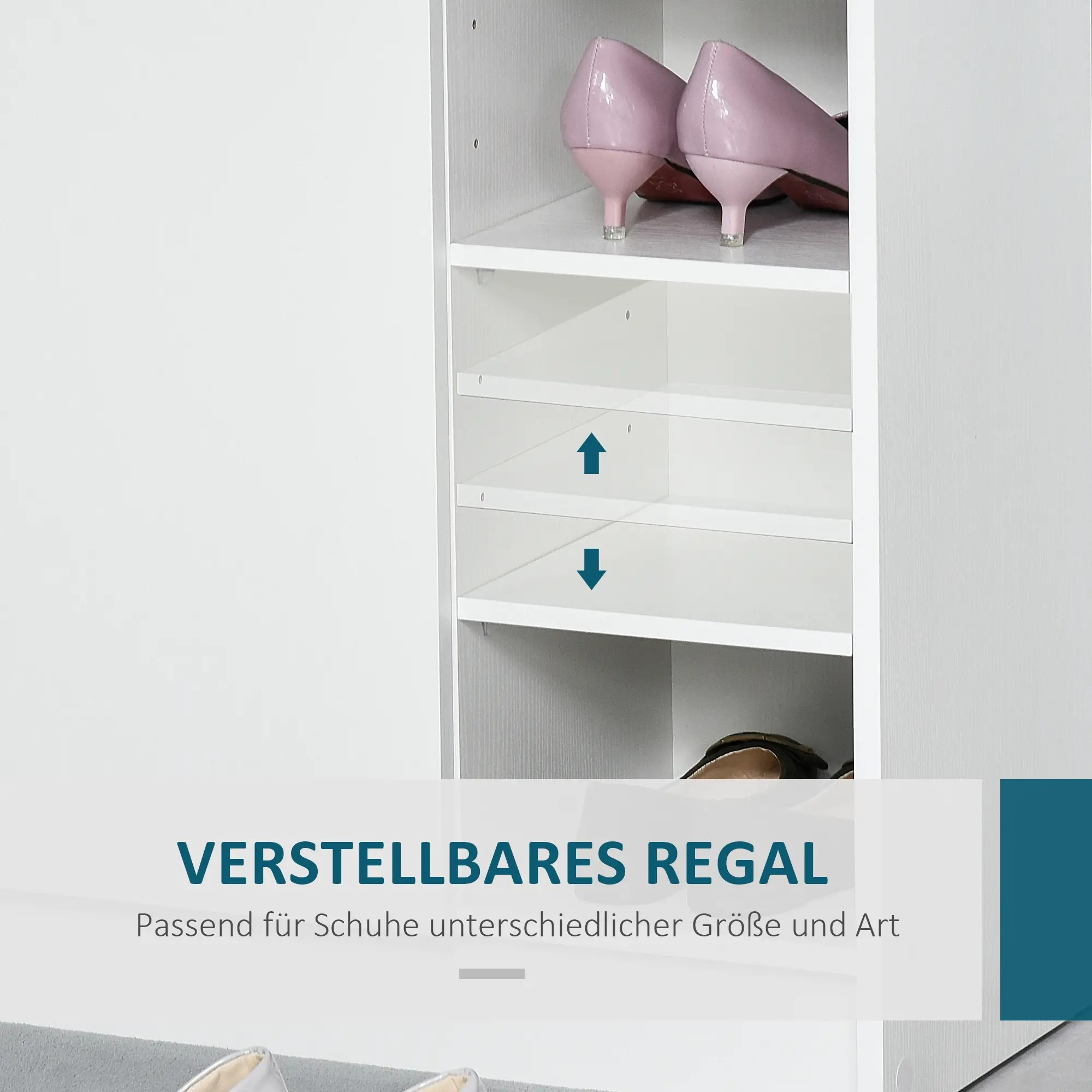 Weißer Schuhschrank mit verstellbaren Regalen. Schuhe sind sichtbar. Blauer Text unten.