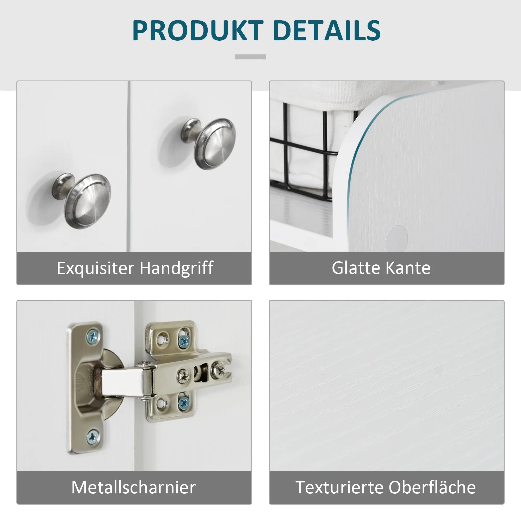Nahaufnahmen, die Produktdetails zeigen: Türgriffe, Kante, Scharnier und strukturierte Oberfläche.