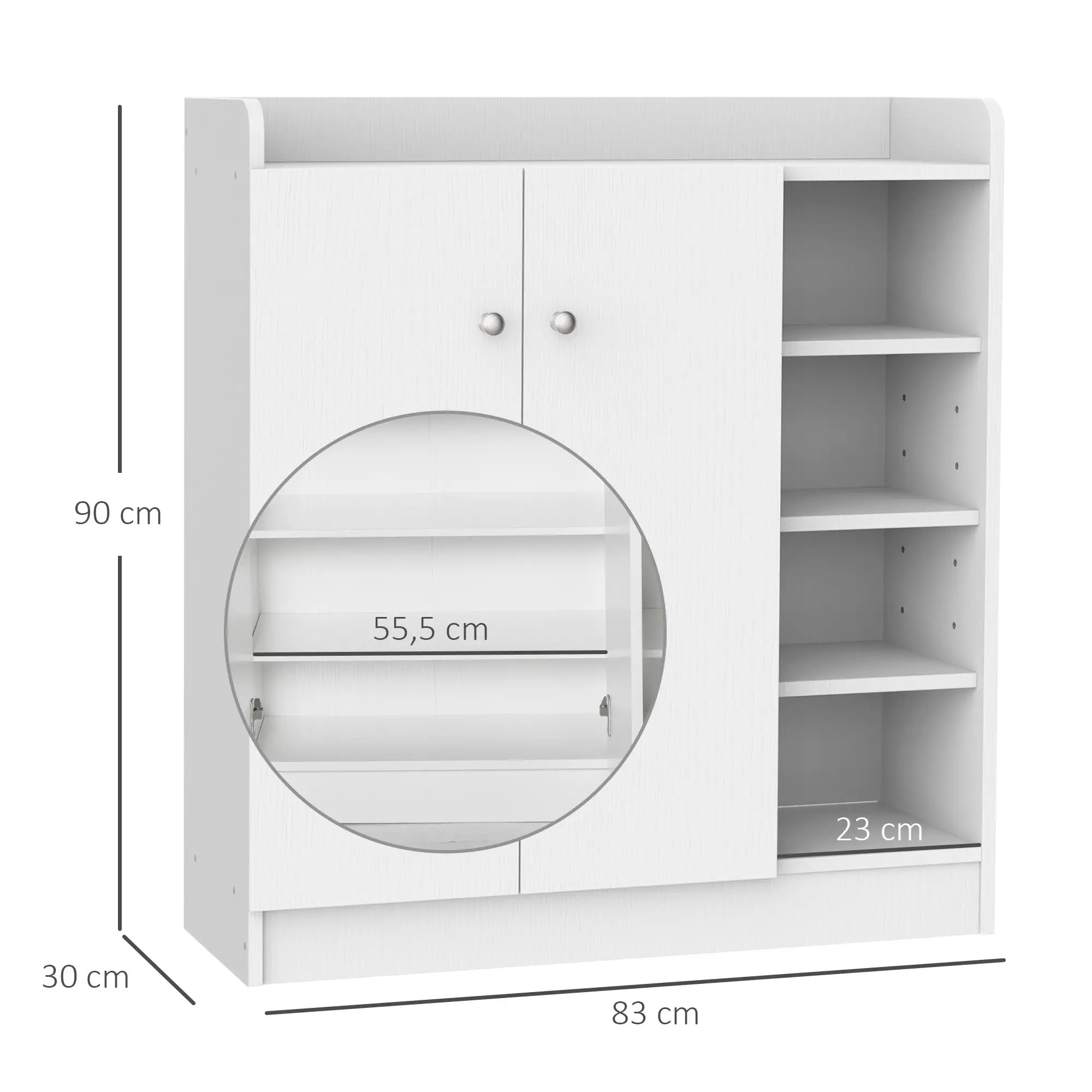 Weißer Schrank mit Türen und Regalen. Innenraum mit verstellbaren Regalen sichtbar.