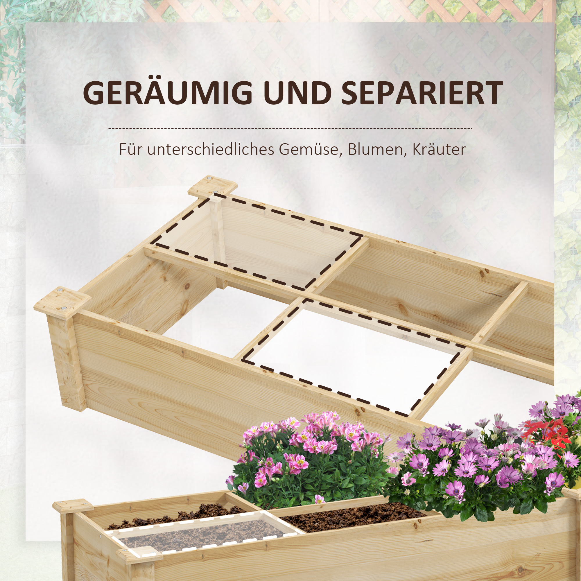 Ein Holzpflanzer, der getrennte Abschnitte mit einem Hintergrund aus Blumen zeigt.