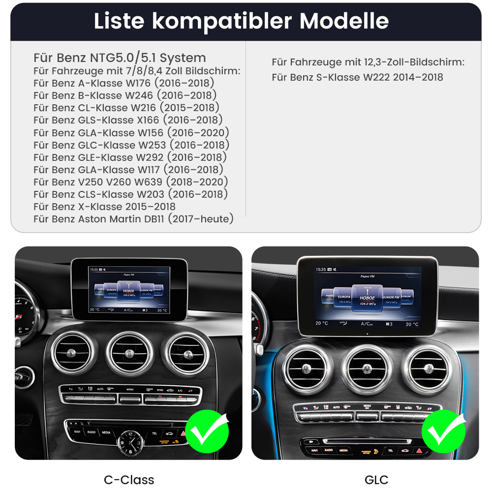 Bildschirme mit Autoradio-Oberflächen, grünen Häkchen und einer Liste kompatibler Modelle.