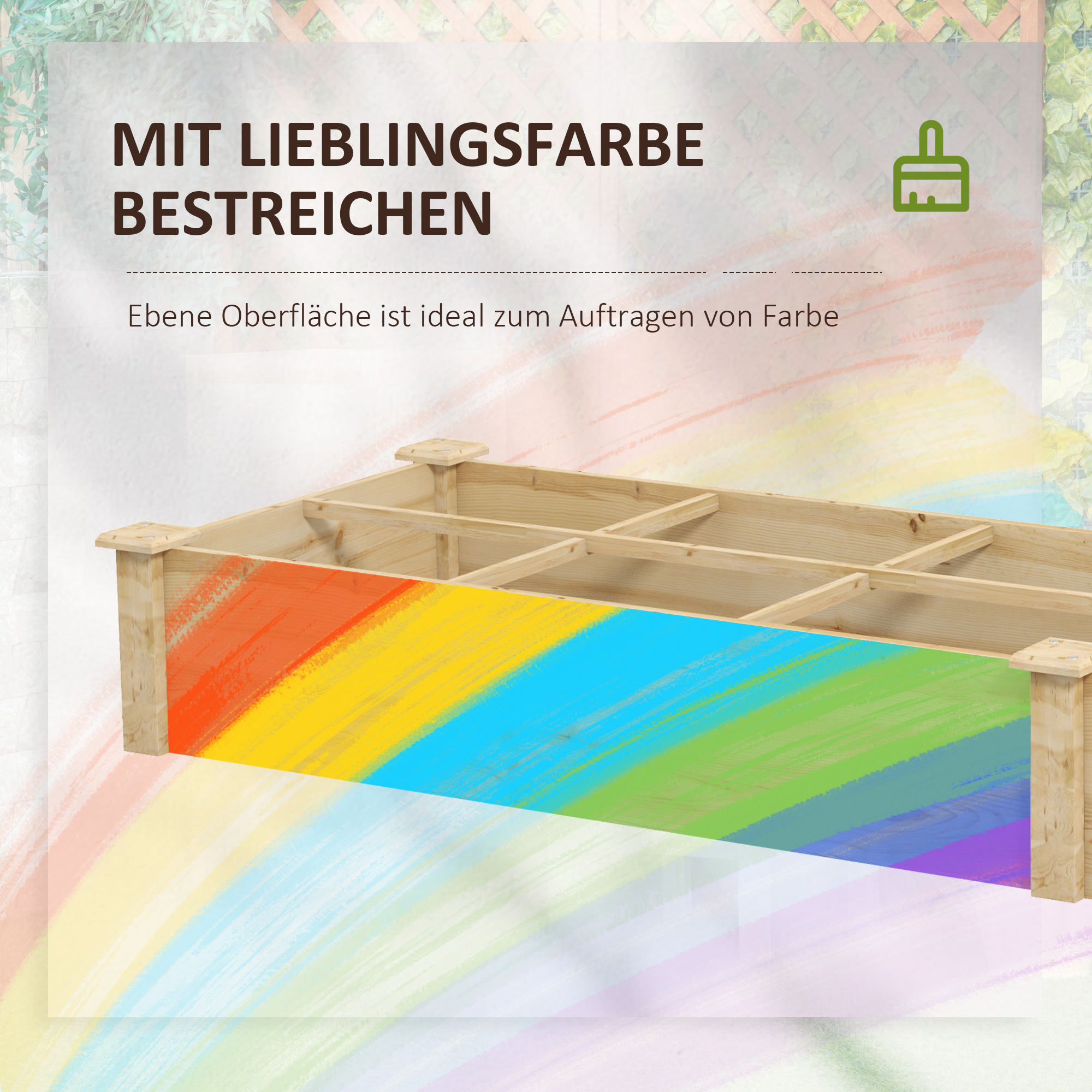 Ein Holzpflanzer mit Regenbogen an der Seite, mit Text darüber.