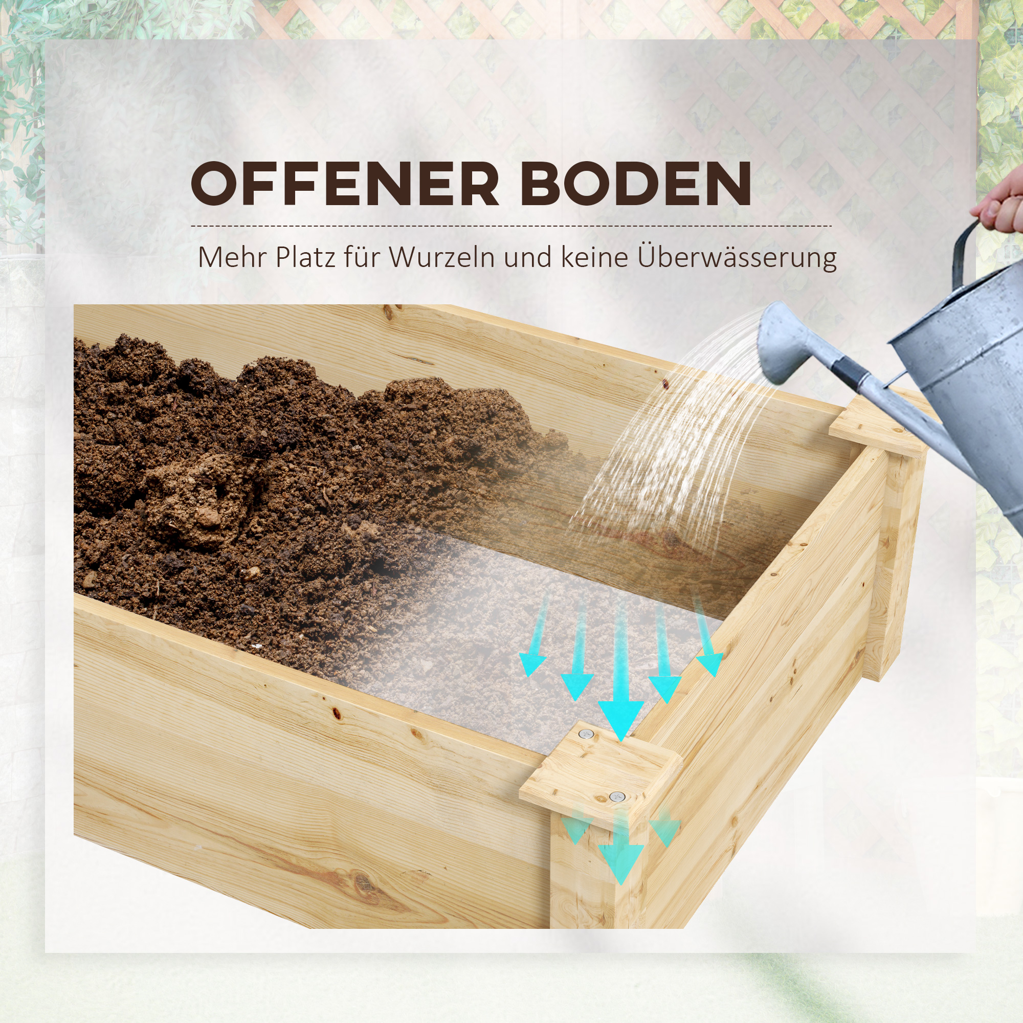 Ein Holzpflanzer, der bewässert wird, mit blauen Pfeilen, die die Entwässerung anzeigen.