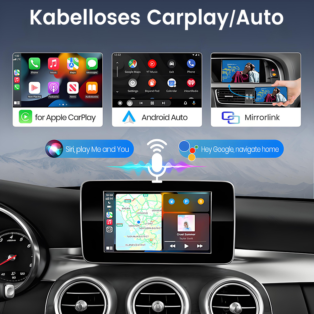 Autobildschirm mit Apple CarPlay, Android Auto und Mirrorlink. Jedes zeigt verschiedene App-Oberflächen für die Navigation.