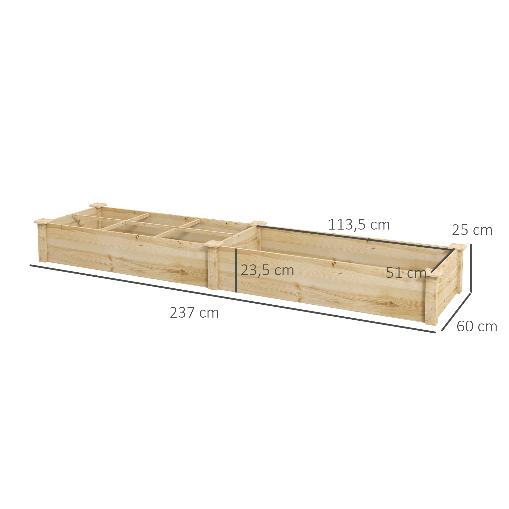 Ein langer Holzpflanzer mit beschrifteten Abmessungen, entworfen für die Gartenarbeit.