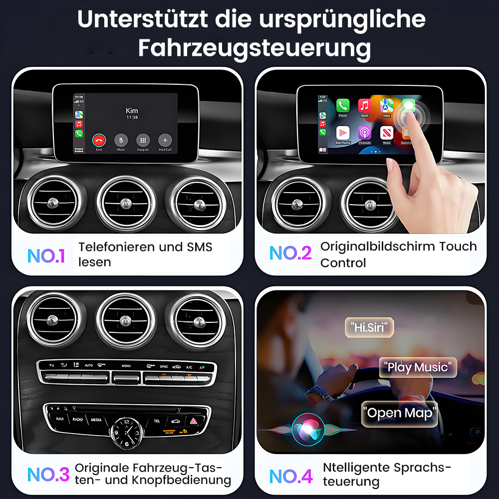 Vier In-Car-Bildschirmanzeigen: Telefon, Touch Control, Button Control und Sprachsteuerung für verschiedene Autofunktionen.