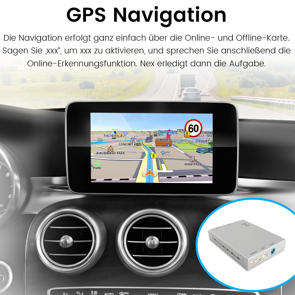 Armaturenbrett eines Autos mit Navigationsbildschirm und einem kleinen elektronischen Gerät.