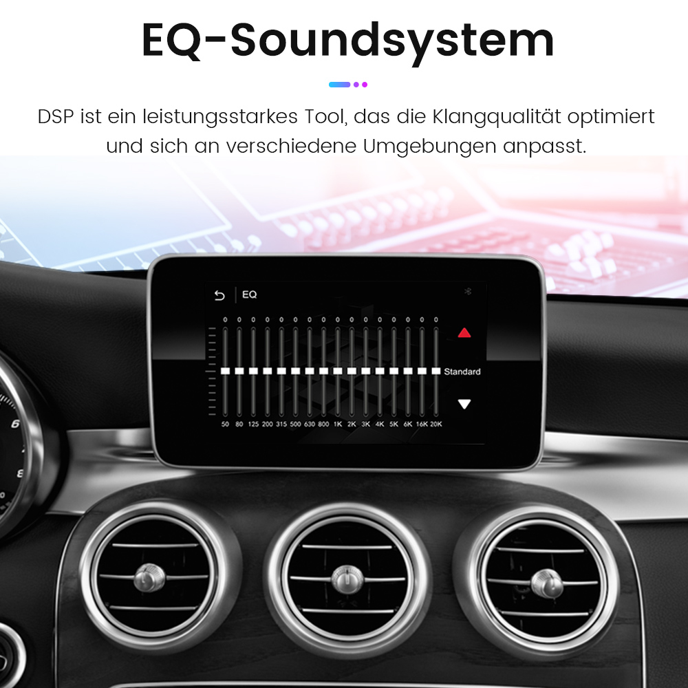 Armaturenbrett mit Equalizer und Display. Oben steht 'EQ-Soundsystem'.