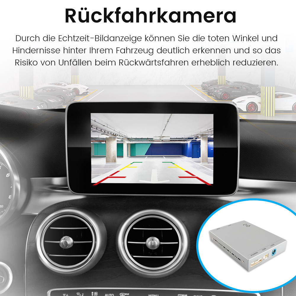 Armaturenbrett mit Rückfahrkamera-Anzeige. Oben steht 'Rückfahrkamera'.