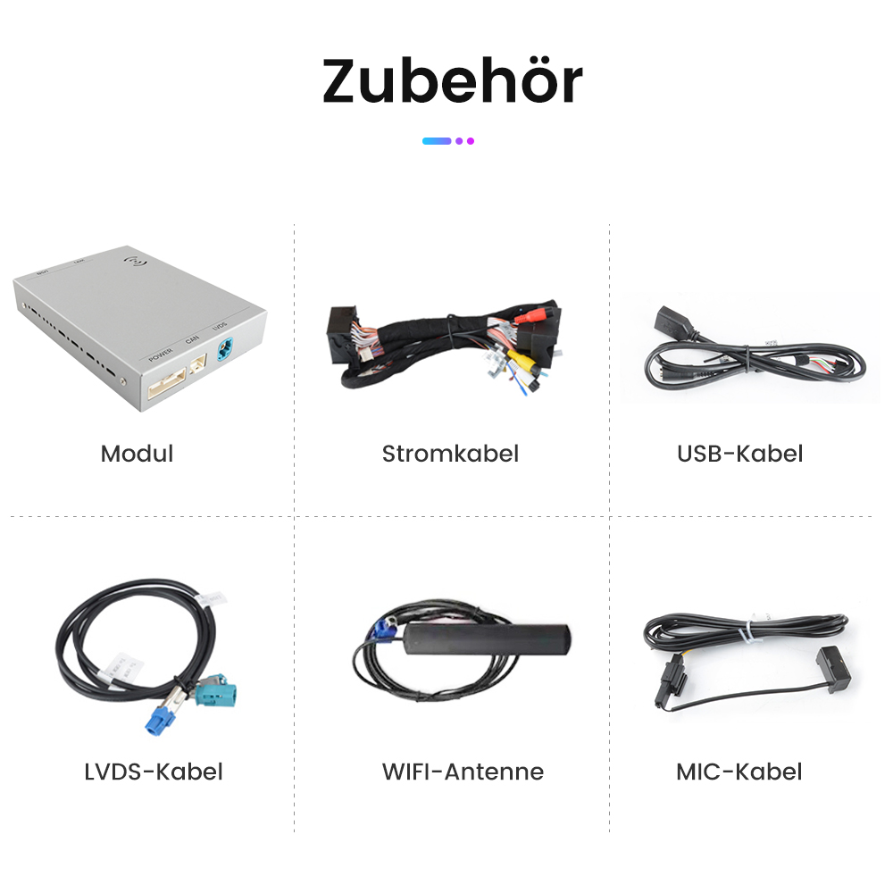 Verschiedenes Autozubehör: Modul, Stromkabel, USB-Kabel, LVDS-Kabel, WIFI-Antenne und MIC-Kabel.