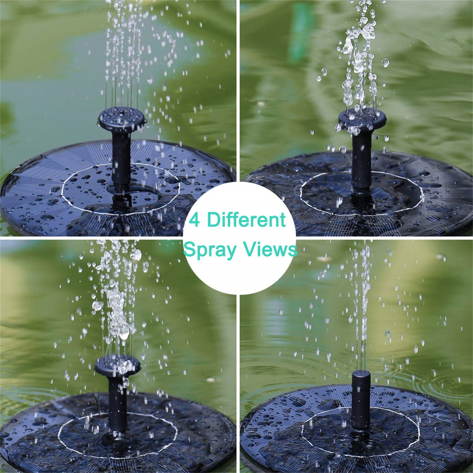 Vier Solarfontänensprays in einem Teich. Verschiedene Wassermuster werden gezeigt.