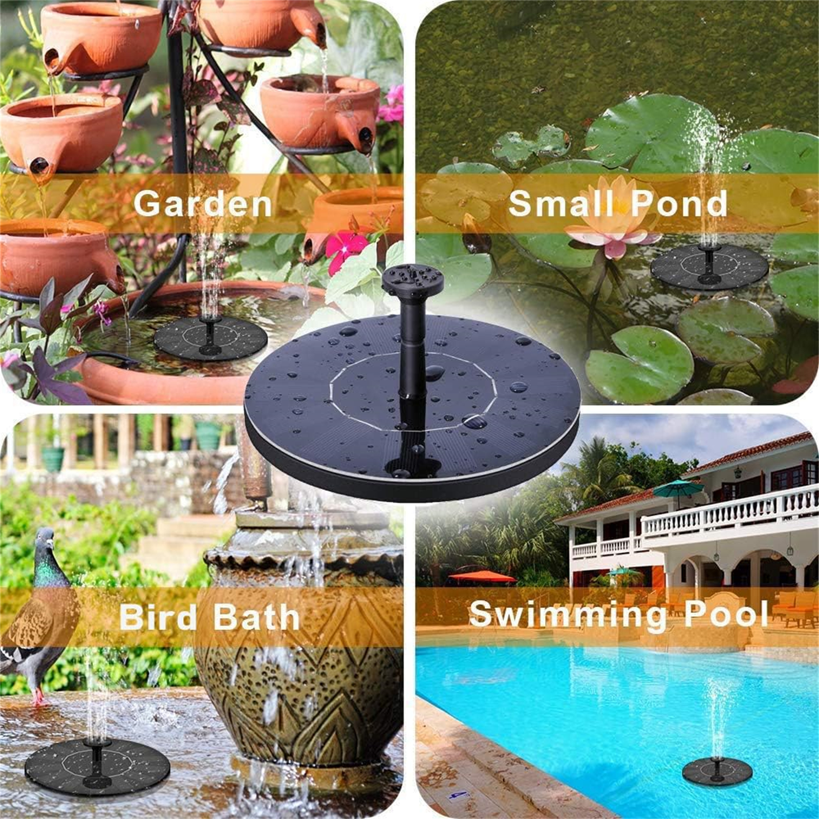 Mehrere Bilder zeigen Solarfontänen in einem Garten, Teich, Vogelbad und Schwimmbad.