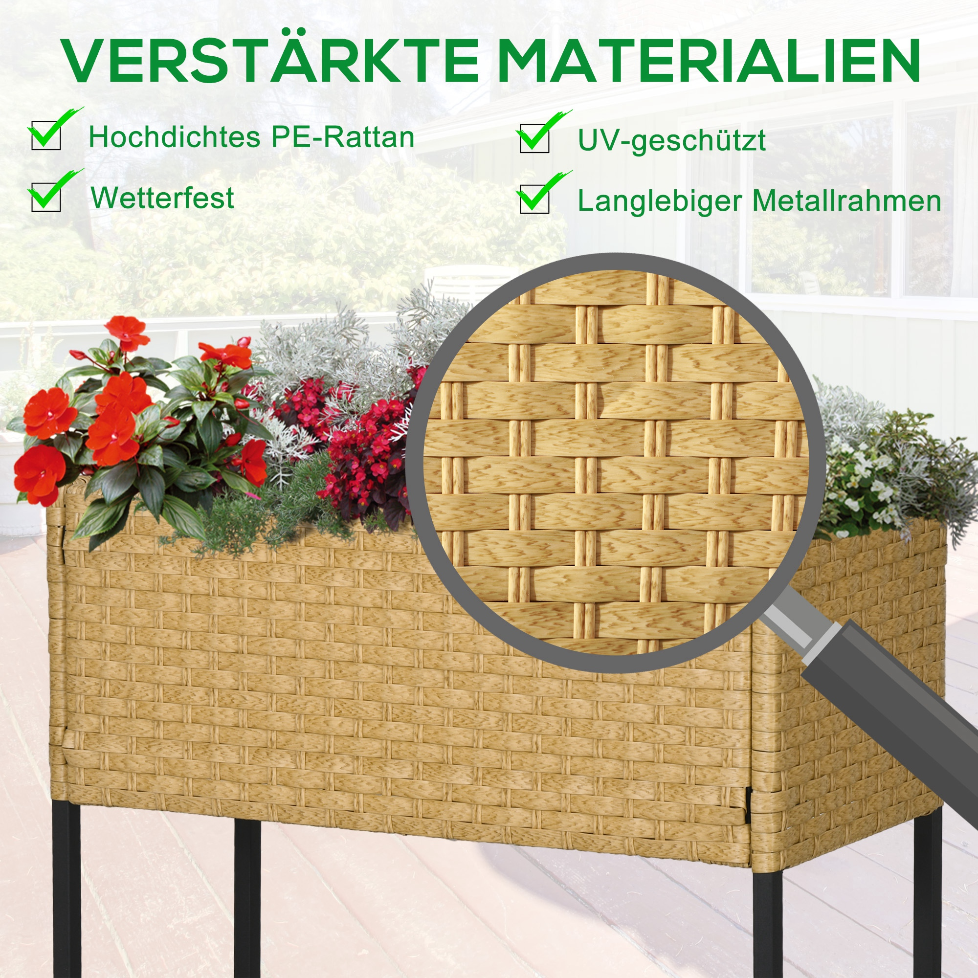 Pflanzer mit Blumen, detaillierte Webart vergrößert. Text: verstärkte Materialien, UV-geschützt usw.